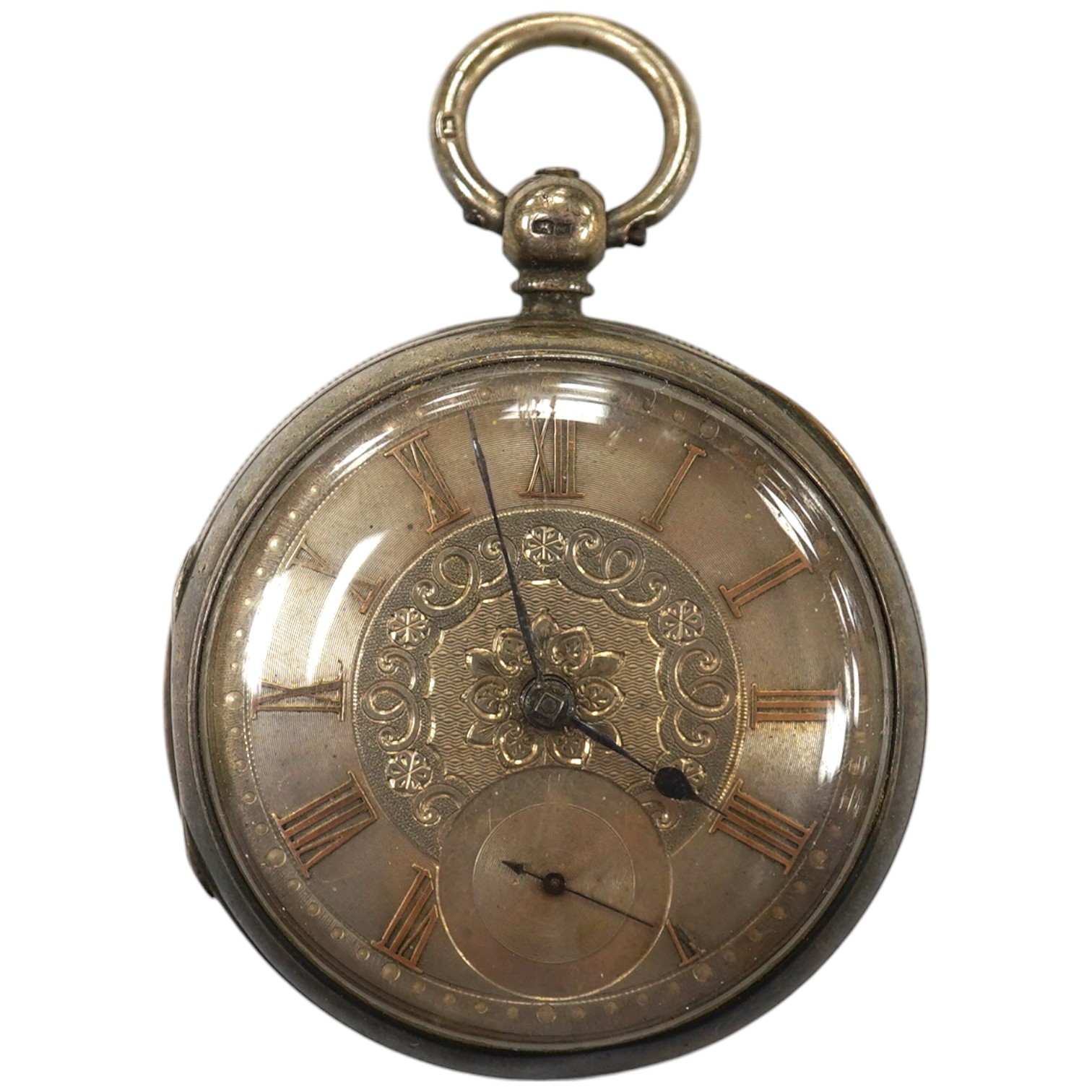 A late Victorian silver open faced keywind pocket watch, with Roman dial and subsidiary seconds. Condition - poor